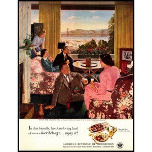1951 Beer Belongs Vintage Print Ad San Francisco Golden Gate Bridge Wall Art